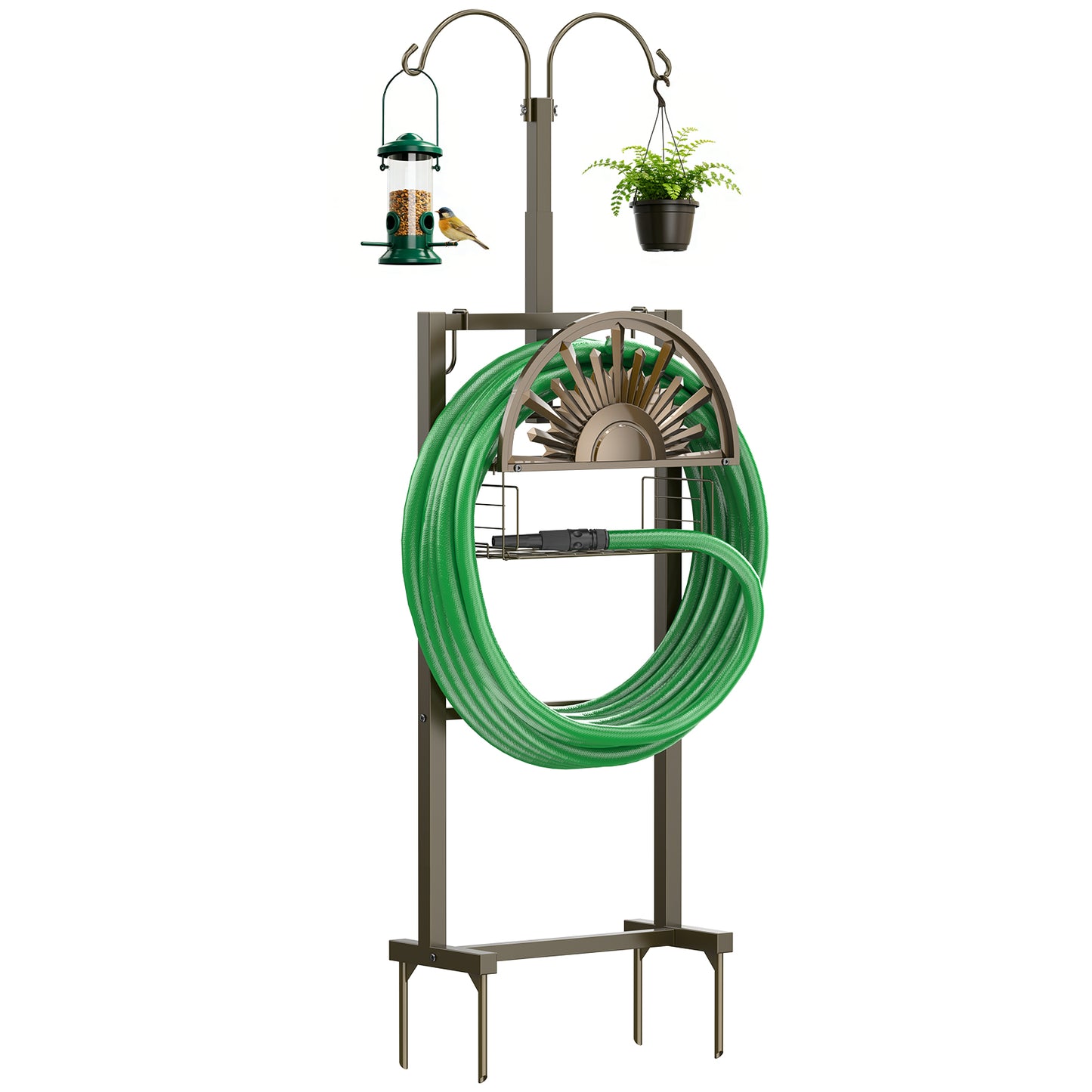 GOFORWILD Heavy Duty Garden Hose Reel with 2 Shepherds Hooks, Holds 150-Feet of 5/8 Inch Hose, 77Inch Freestanding Hose Hanger with Storage Basket