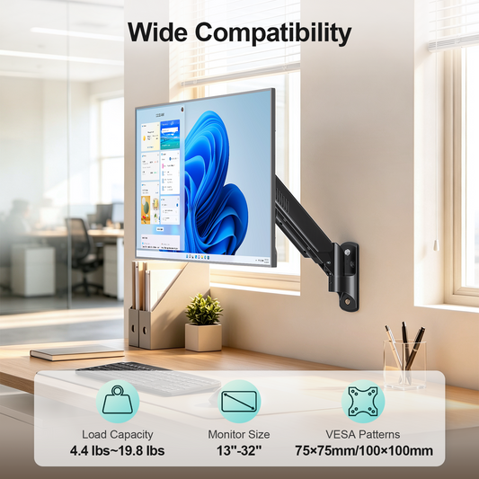 MOUNT PRO Monitor Wall Mount, 14.7" Short Monitor Arm for Max 32" Screen, Full Motion Height Adjustable Single Computer Wall Mount Holds Up to 19.8lbs, VESA 75x75/100x100, Black.