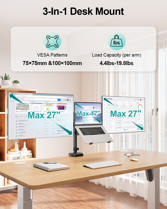 MOUNT PRO Dual Monitor and Laptop Mount for Max 27" Monitors & 17" Laptop 3-in-1 Adjustable Laptop and Monitor Desk Mount Holds up to 19.8lbs, VESA 75x75mm/100x100mm, Egonomic Setup for Home Office