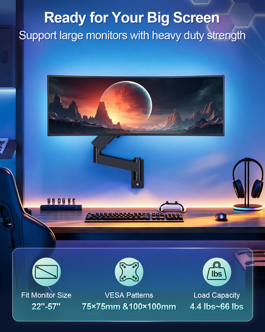 MOUNT PRO Wall Mount Monitor Arm for 22-57 Inch Ultrawide Screen, Black, Premium Heavy Duty Gaming Monitor Arm for Max 66 lbs, Easy Adjustment Fully Adjustable Wall Bracket 75x75/100x100 VESA Mount