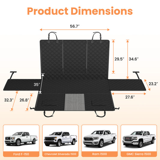 PETICON F150 Floor Cover for Crew Cab Trucks with Fold-Up & Split Seats | Waterproof & Scratch-Resistant 600D Oxford, Non-slip Base, Side Door Flaps, Split Zipper, Protects Interior, Machine Washable