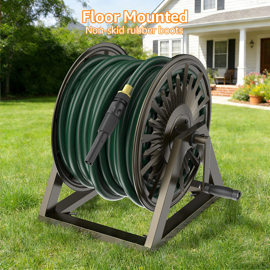 GOFORWILD Heavy-Duty Decorative Garden Hose Reel - Wall/Floor Mount with 200-Ft Capacity for 5/8 Hose Outdoor Hose Holder Winder for Lawn, Yard & Garden Storage