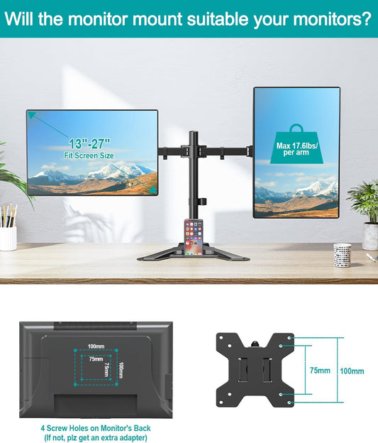 LIFTGO Dual Monitor Stand, Free-Standing Full Motion Monitor Desk Mount Fits 2 Screens up to 27 inches,17.6lbs with Height Adjustable, Swivel, Tilt, Rotation, VESA 75x75 100x100, Black