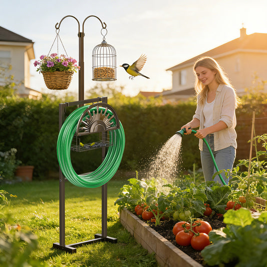 GOFORWILD Heavy Duty Garden Hose Reel with 2 Shepherds Hooks, Holds 150-Feet of 5/8 Inch Hose, 77Inch Freestanding Hose Hanger with Storage Basket
