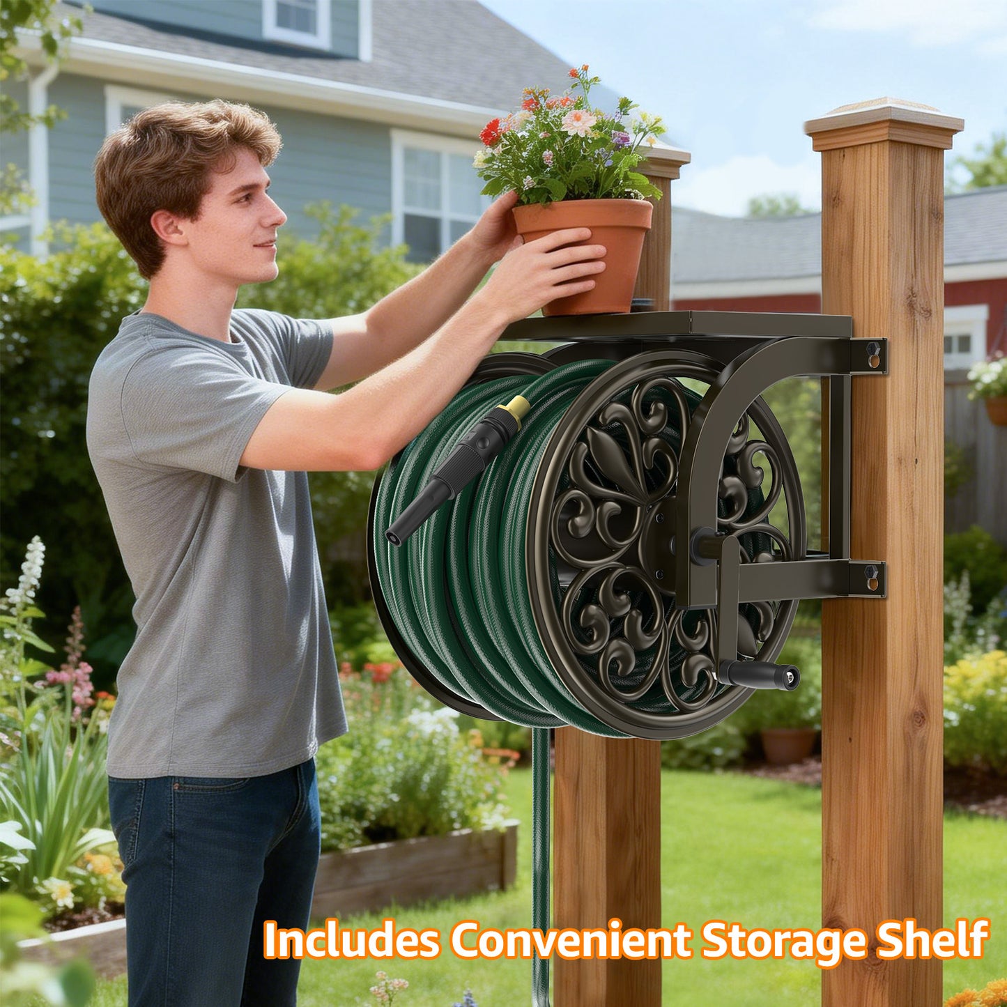 GOFORWILD Garden Wall Mount Hose Reel, Decorative Hose Reel, Garden Heavy-Duty Water Hose Holder Winder, Holds 200-Feet of 5/8-Inch Hose 7213