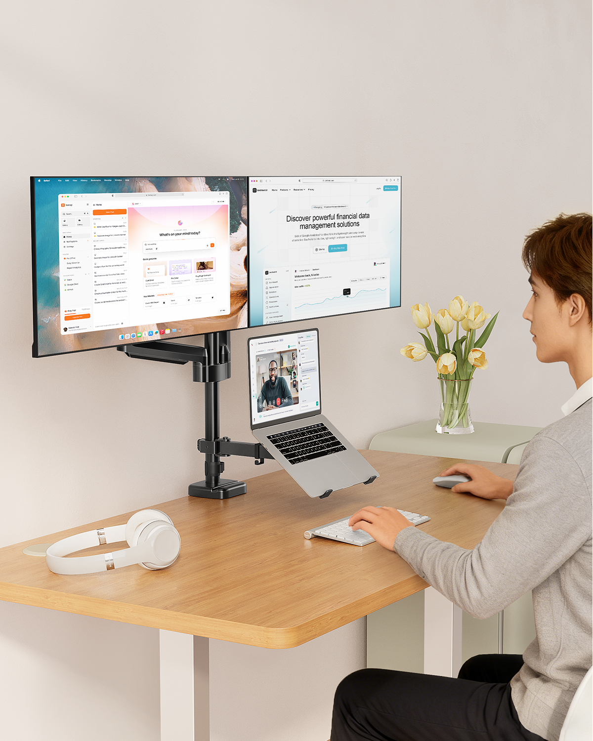MOUNT PRO Dual Monitor and Laptop Mount for Max 27" Monitors & 17" Laptop 3-in-1 Adjustable Laptop and Monitor Desk Mount Holds up to 19.8lbs, VESA 75x75mm/100x100mm, Egonomic Setup for Home Office