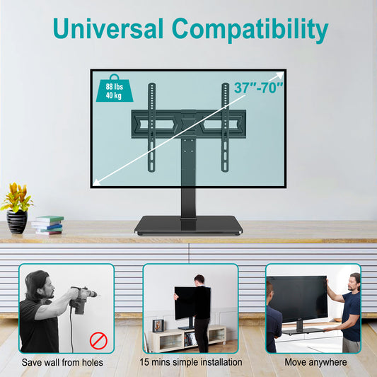 LIFTGO Universal TV Stand, Swivel Table Top TV Stand for 37 to 75 Inch LCD LED TVs, Height Adjustable TV Mount Stand with Tempered Glass Base, Holds up to 88lbs, Max VESA 600x400mm