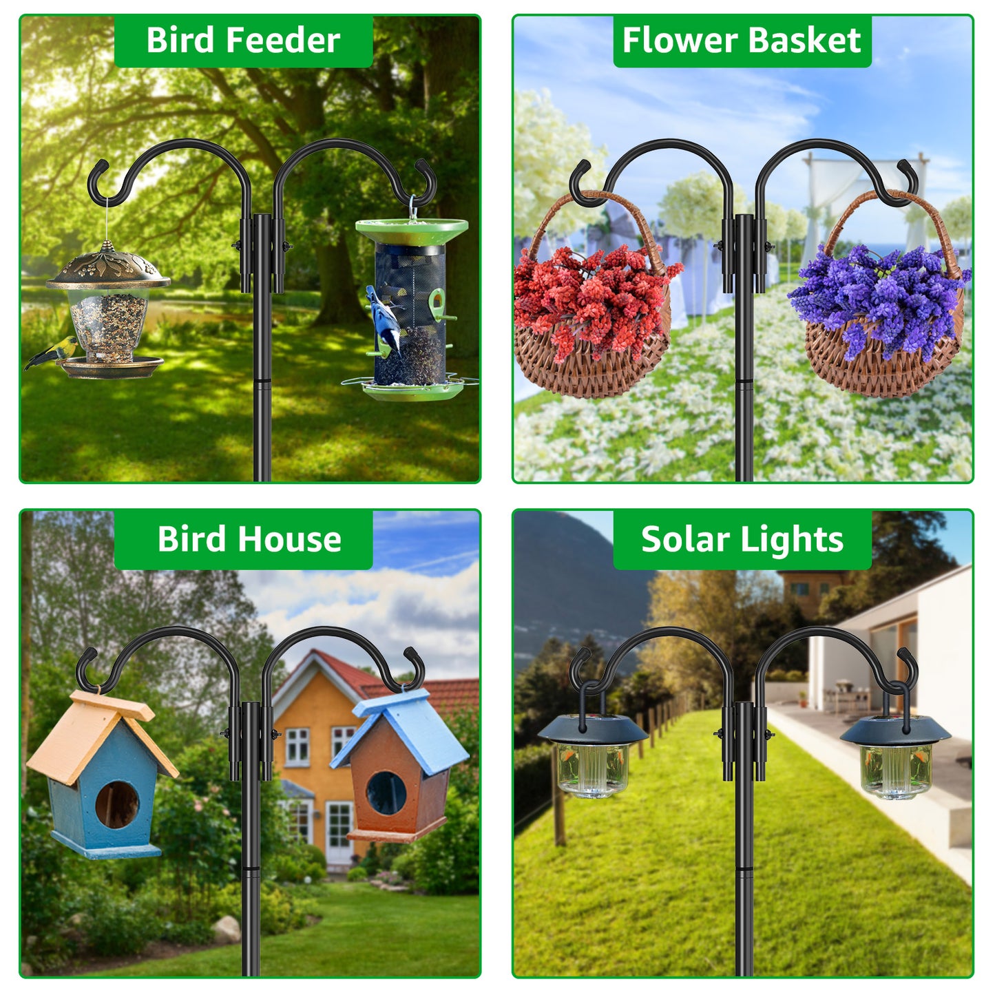 GOFORWILD Double Shepherds Hook for Outdoor, with 5-Prong Base, 84inch Adjustable Metal Bird Feeder Pole for Hanging Bird Nest, Plant Basket,Lantern,Solar Light 1 Pack