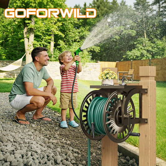 GOFORWILD Metal Decorative Wall Mount Hose Reel - Heavy Duty, Leak-Proof Connection, Holds 200ft x 5/8 Hose, Bronze Finish, Easy Assembly