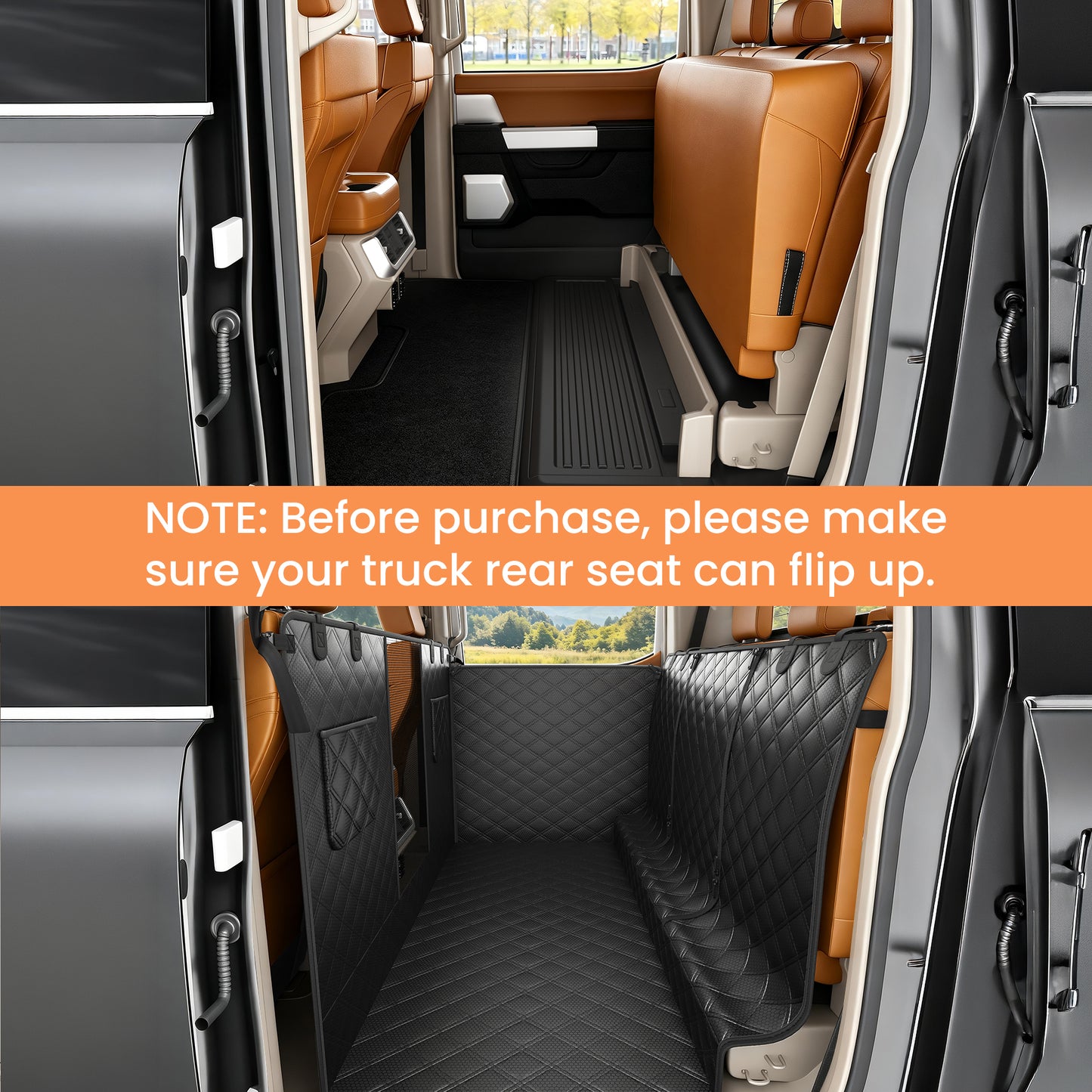 PETICON F150 Floor Cover for Crew Cab Trucks with Fold-Up & Split Seats | Waterproof & Scratch-Resistant 600D Oxford, Non-slip Base, Side Door Flaps, Split Zipper, Protects Interior, Machine Washable