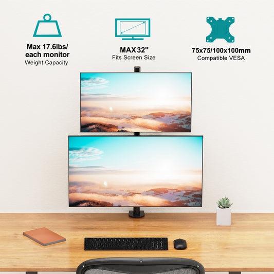 LIFTGO Vertical Dual Monitor Stand for 2 Max 32 inch Stack Screen Monitors, Stacked Monitor Mount with Swivel, Tilt, Height Adjustable, Computer Monitor Arm Holds up to 17.6 lbs Each
