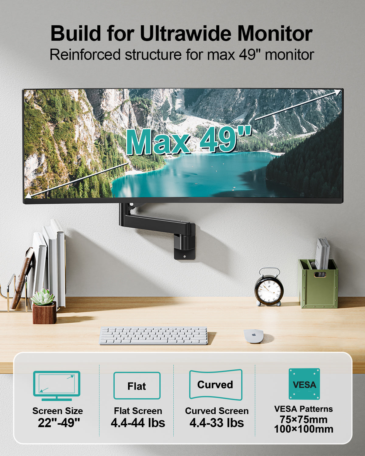 MOUNT PRO Monitor Wall Mount for 22"-49" Ultrawide Flat & Curved Screens, Heavy Duty Single Wall Mount Monitor Arm Holds up to 44 lbs, Full Motion Adjustable Wall Bracket, VESA Mount 75x75mm/100x100mm
