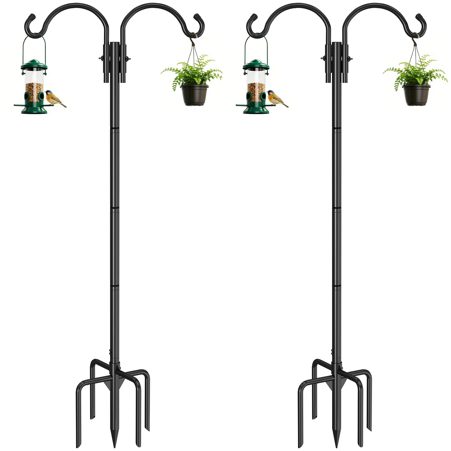 GOFORWILD Double Shepherds Hook for Outdoor, with 5-Prong Base, 76inch Adjustable Metal Bird Feeder Pole for Hanging Bird Nest, Plant Basket,Lantern,Solar Light 2 Pack