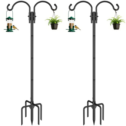GOFORWILD Double Shepherds Hook for Outdoor, with 5-Prong Base, 76inch Adjustable Metal Bird Feeder Pole for Hanging Bird Nest, Plant Basket,Lantern,Solar Light 2 Pack