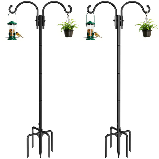 GOFORWILD Double Shepherds Hook for Outdoor, with 5-Prong Base, 76inch Adjustable Metal Bird Feeder Pole for Hanging Bird Nest, Plant Basket,Lantern,Solar Light 2 Pack