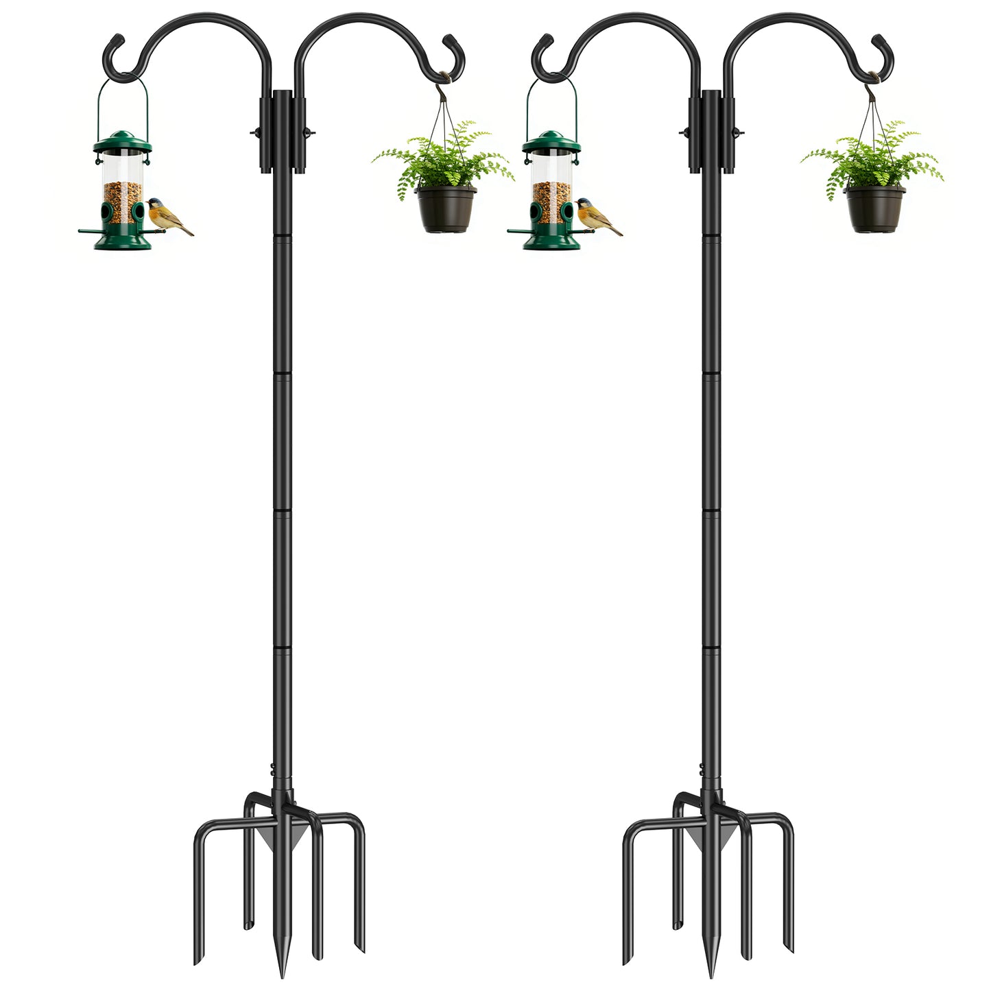 GOFORWILD Double Shepherds Hook for Outdoor, with 5-Prong Base, 84inch Adjustable Metal Bird Feeder Pole for Hanging Bird Nest, Plant Basket,Lantern,Solar Light 2 Pack