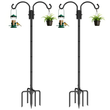 GOFORWILD Double Shepherds Hook for Outdoor, with 5-Prong Base, 84inch Adjustable Metal Bird Feeder Pole for Hanging Bird Nest, Plant Basket,Lantern,Solar Light 2 Pack