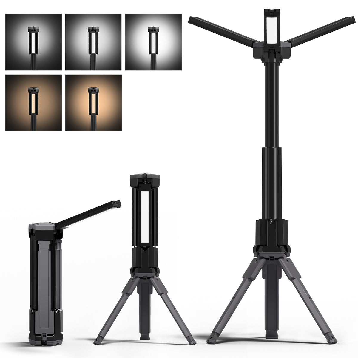 Rechargeable LED Work Light with Stand, 2400mAh Battery, Cool & Warm White 2 Pack 4000/6500K Dimmable Camping Light, Top Hanging Hook, Portable Outdoor Lamp for Camping Fishing Emergency