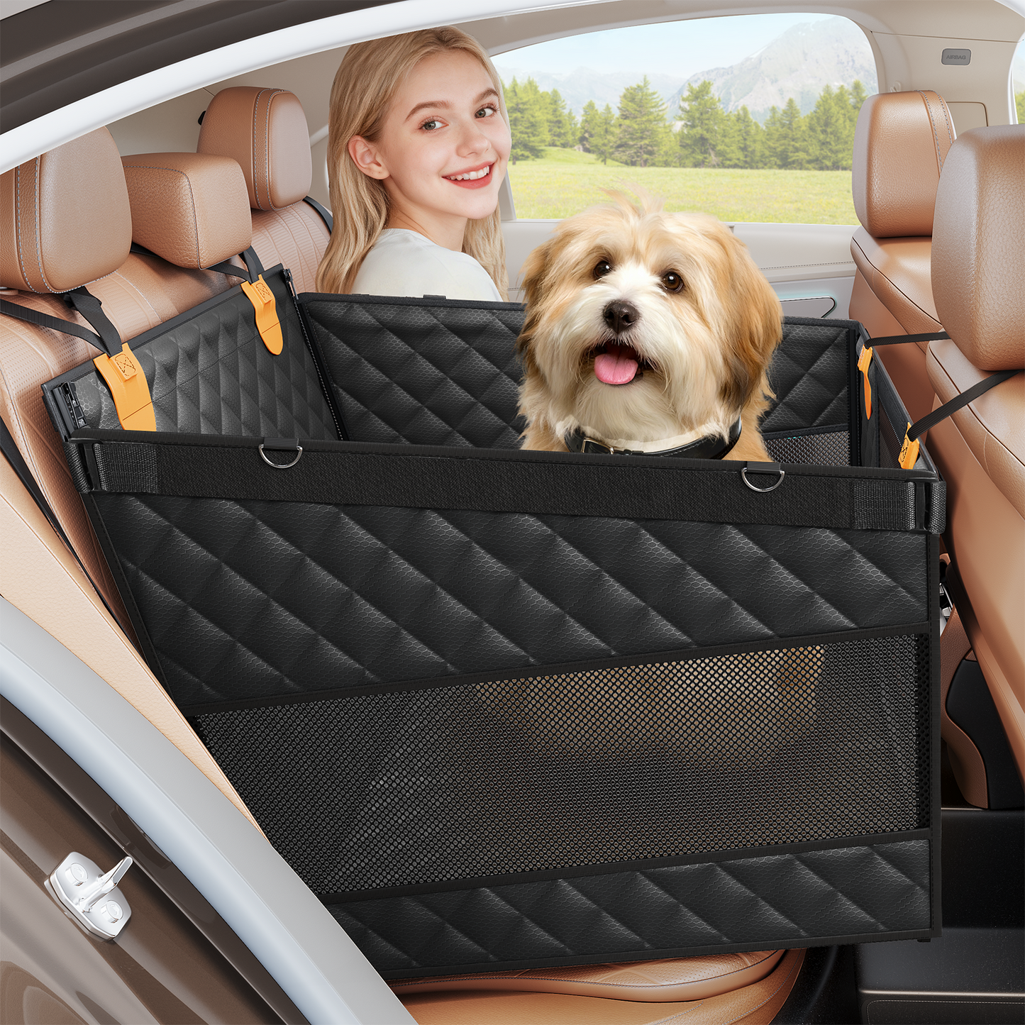 LIFTGO Dog Car Seat for Large Medium Dogs, Back Seat Extender for Pets with 4-Splice Hard Bottom, Waterproof Pet Seat Cover with 3 Mesh Windows for Cars, Trucks and SUVs