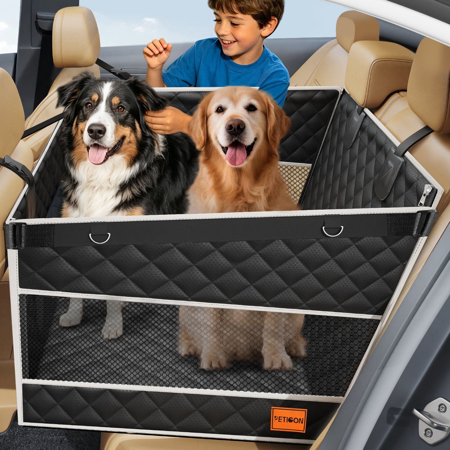 Dog Car Seat for Large/Medium Dogs, One-Piece Hard Bottom Back Seat Extender with 2 Mesh Windows, Waterproof Pet Carseat with Storage Pocket, Dog Hammock for Cars, SUVs and Trucks