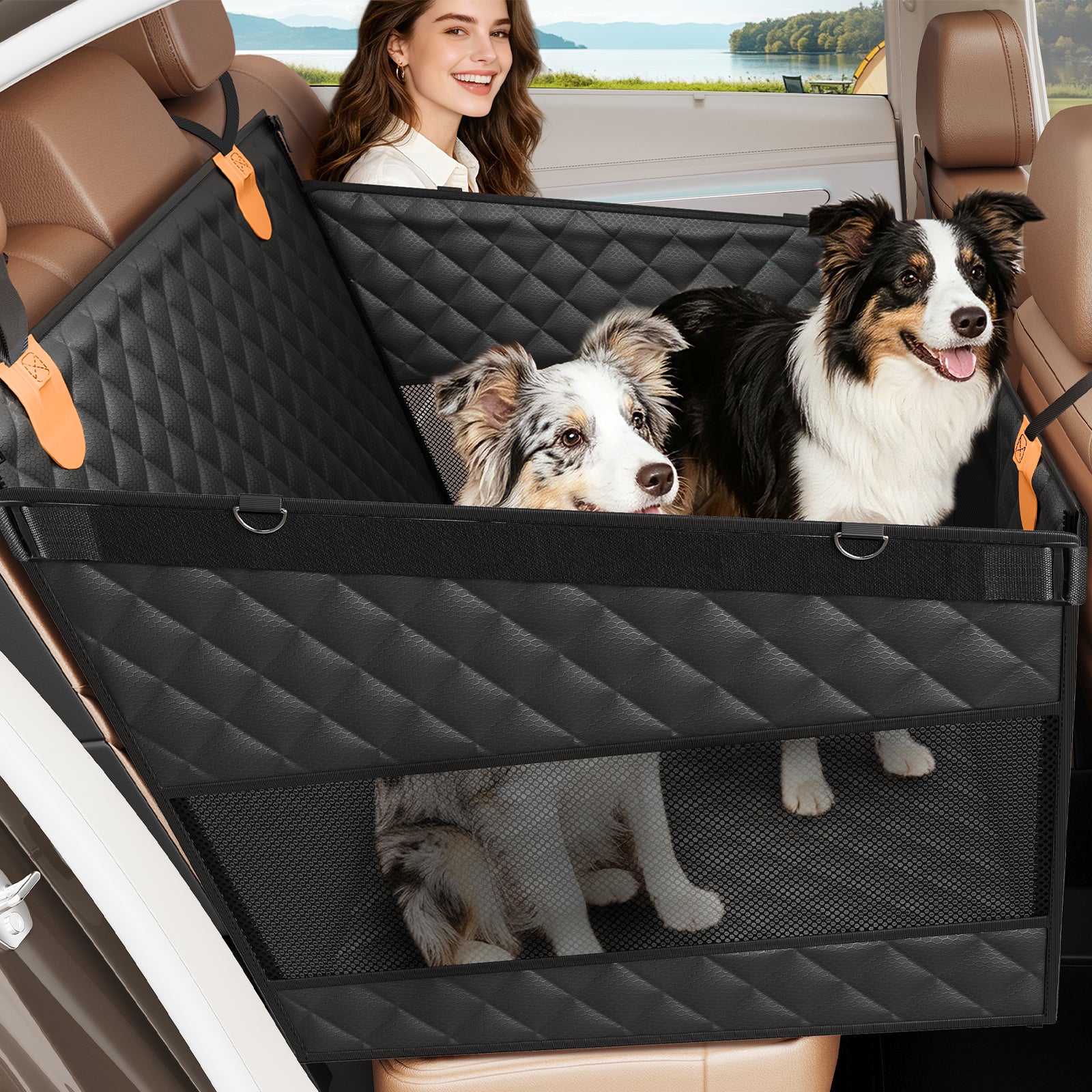PETICON Large Dog Car Seat, Back Seat Extender for Dogs with 3 Mesh Windows, Waterproof Medium Carseat for Dogs with Hard Bottom, Pet Seat Cover for Cars, Trucks and SUVs
