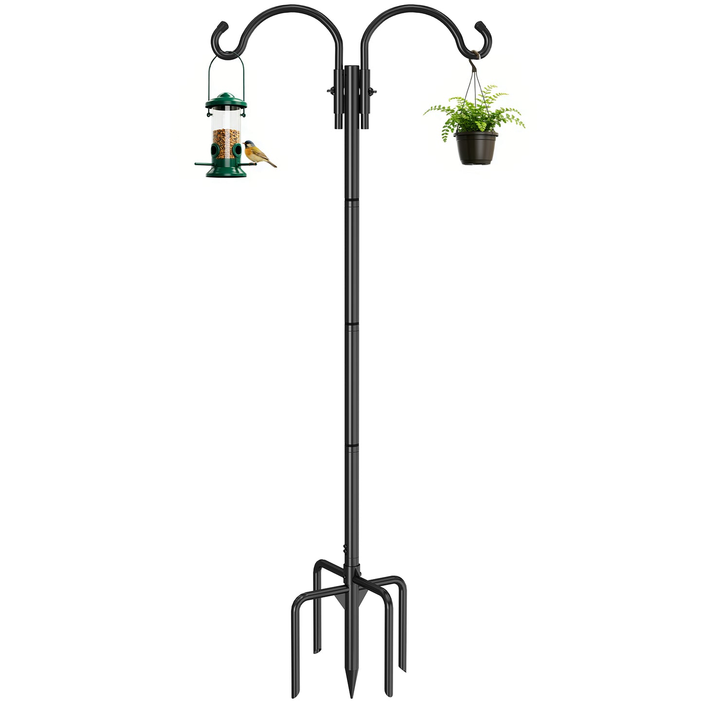GOFORWILD Double Shepherds Hook for Outdoor, with 5-Prong Base, 76inch Adjustable Metal Bird Feeder Pole for Hanging Bird Nest, Plant Basket,Lantern,Solar Light 1 Pack