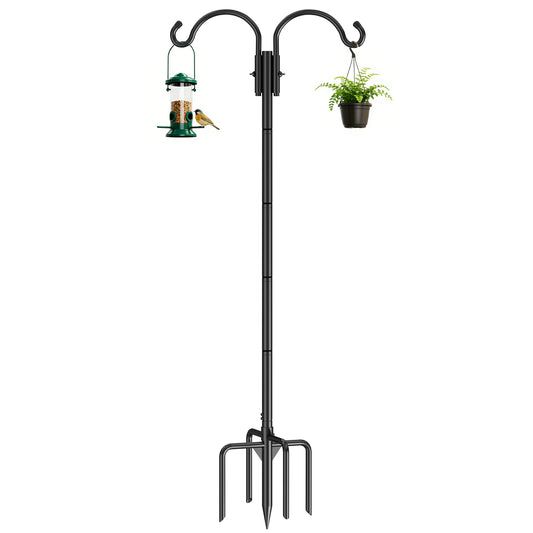 GOFORWILD Double Shepherds Hook for Outdoor, with 5-Prong Base, 84inch Adjustable Metal Bird Feeder Pole for Hanging Bird Nest, Plant Basket,Lantern,Solar Light 1 Pack