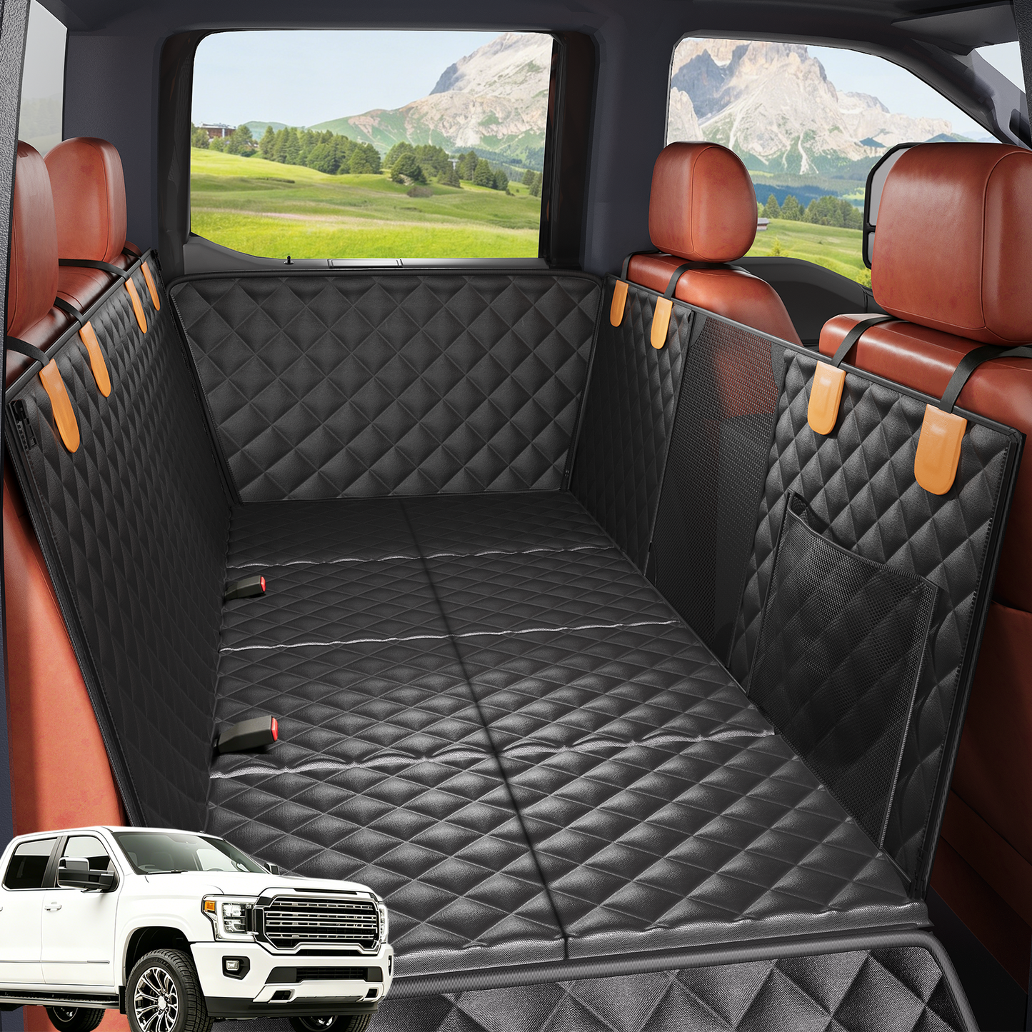 PETICON Back Seat Extender for Dogs, Hard Bottom Pet Seat Cover - Supports 400lbs, Waterproof Rear Seat Cover with Mesh Window for Ford/GMC/Chevrolet/Toyota/RAM Crew Cab Trucks&Full-Size