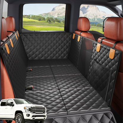 PETICON Back Seat Extender for Dogs, Hard Bottom Pet Seat Cover - Supports 400lbs, Waterproof Rear Seat Cover with Mesh Window for Ford/GMC/Chevrolet/Toyota/RAM Crew Cab Trucks&Full-Size