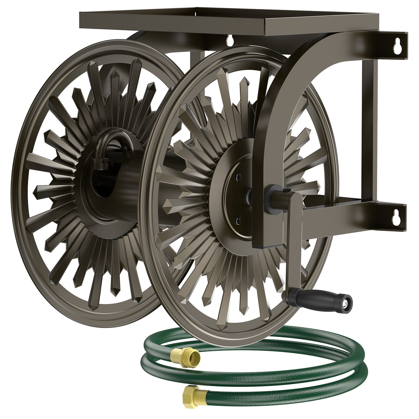 GOFORWILD Metal Decorative Wall Mount Hose Reel - Heavy Duty, Leak-Proof Connection, Holds 200ft x 5/8 Hose, Bronze Finish, Easy Assembly
