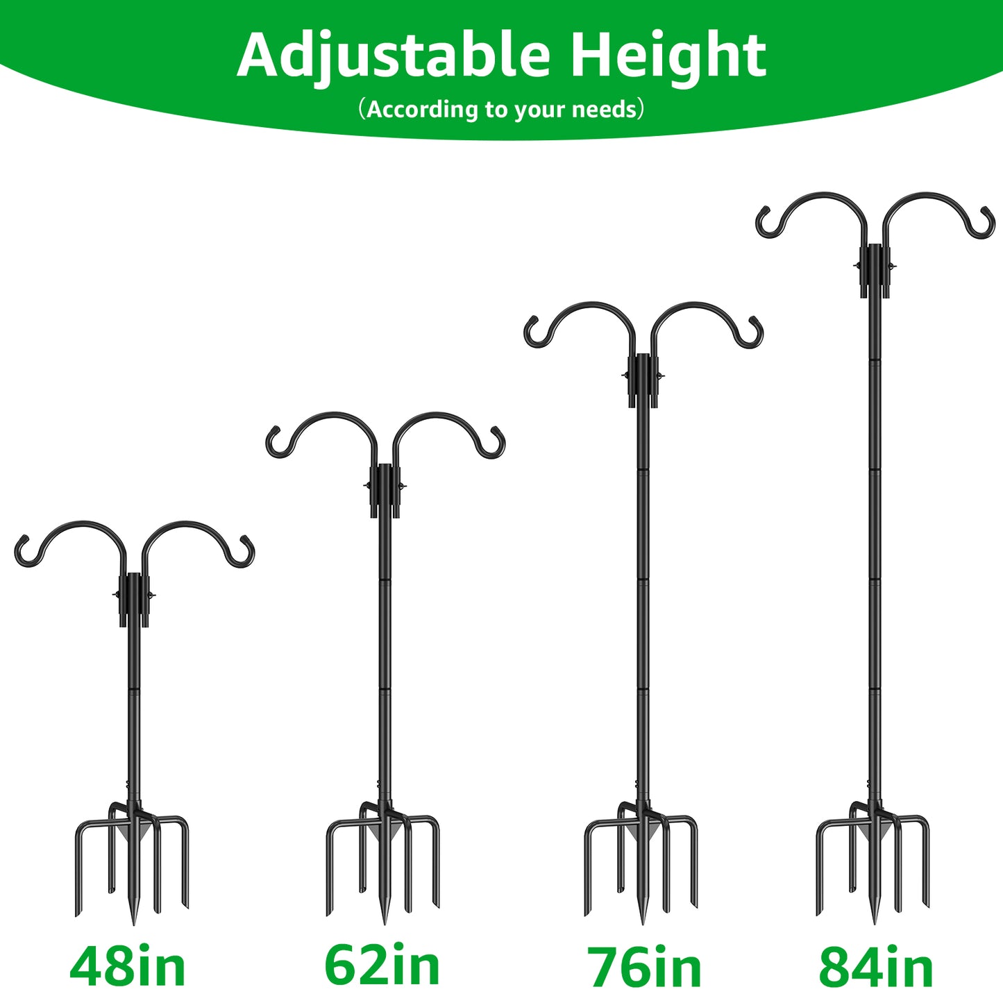 GOFORWILD Double Shepherds Hook for Outdoor, with 5-Prong Base, 84inch Adjustable Metal Bird Feeder Pole for Hanging Bird Nest, Plant Basket,Lantern,Solar Light 2 Pack