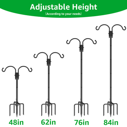 GOFORWILD Double Shepherds Hook for Outdoor, with 5-Prong Base, 84inch Adjustable Metal Bird Feeder Pole for Hanging Bird Nest, Plant Basket,Lantern,Solar Light 2 Pack