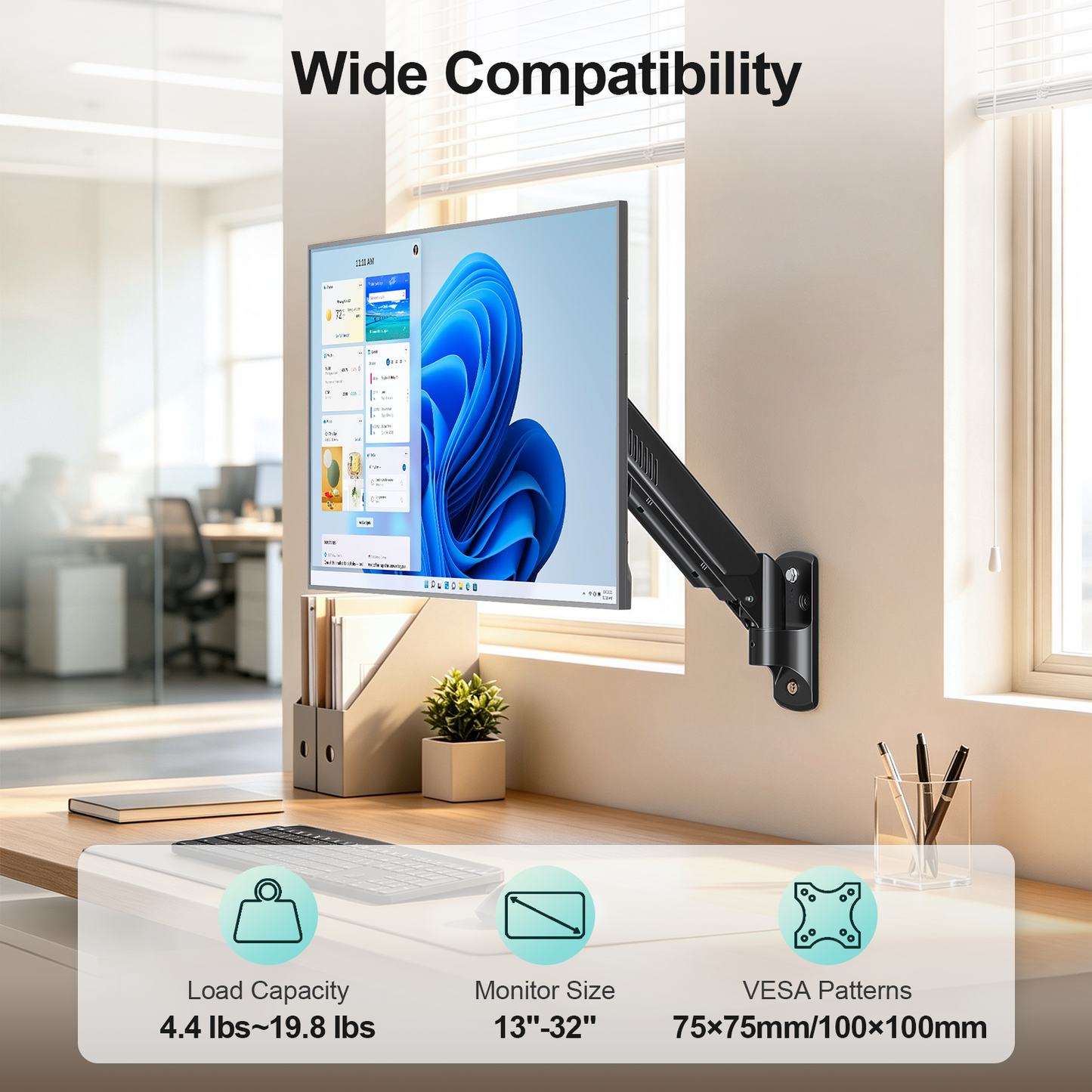 MOUNT PRO Monitor Wall Mount, 14.7" Short Monitor Arm for Max 32" Screen, Full Motion Height Adjustable Single Computer Wall Mount Holds Up to 19.8lbs, VESA 75x75/100x100, Black.