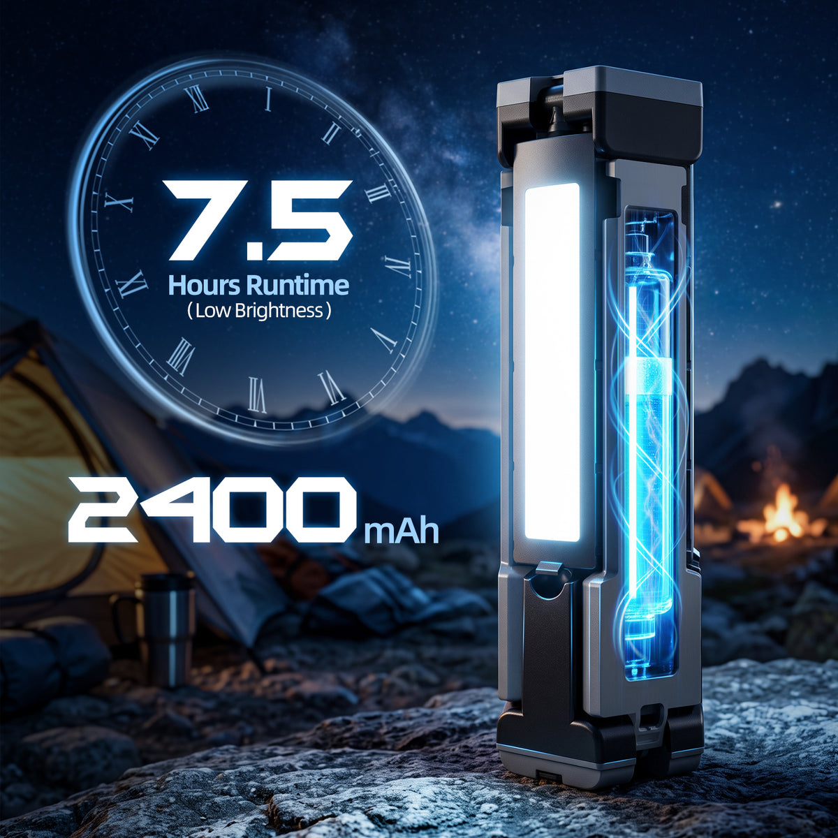 Rechargeable LED Work Light with Stand, 2400mAh Battery, Cool & Warm White 2 Pack 4000/6500K Dimmable Camping Light, Top Hanging Hook, Portable Outdoor Lamp for Camping Fishing Emergency