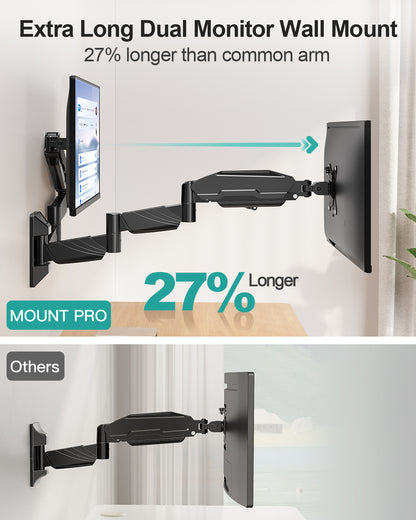 MOUNT PRO Long Arm Dual Monitor Wall Mount for Max 32" Screens, Max 17.6lbs, Extra Long Height Adjustable Wall Monitor Arm for 2 Monitors, Full Motion Wall Monitor Mount with VESA 75x75/100x100