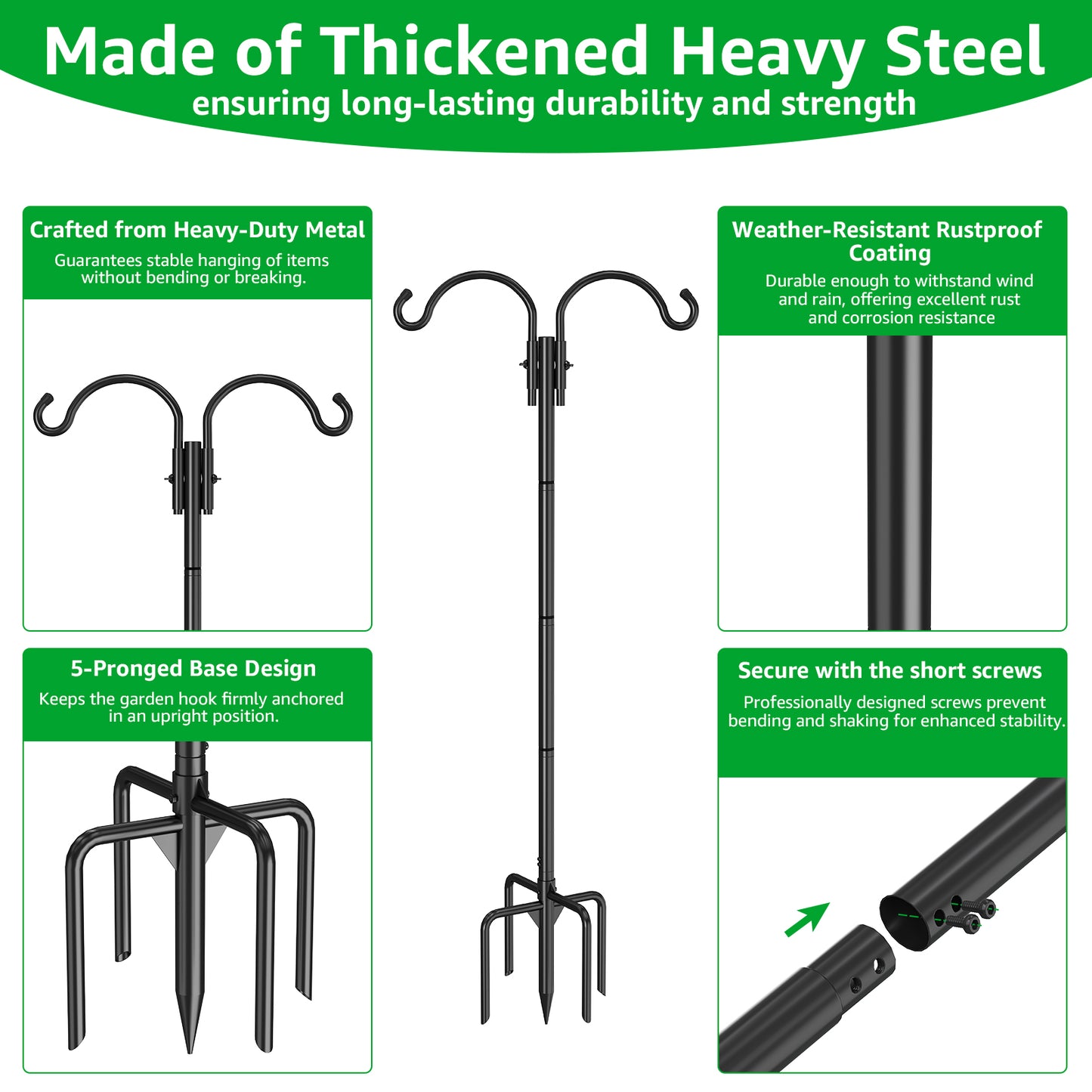 GOFORWILD Double Shepherds Hook for Outdoor, with 5-Prong Base, 84inch Adjustable Metal Bird Feeder Pole for Hanging Bird Nest, Plant Basket,Lantern,Solar Light 2 Pack