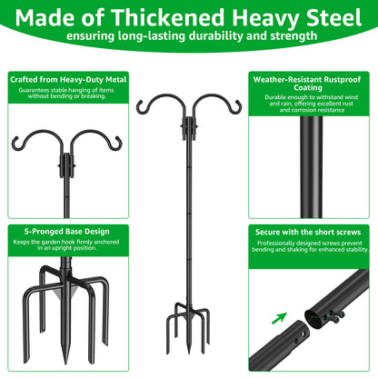 GOFORWILD Double Shepherds Hook for Outdoor, with 5-Prong Base, 84inch Adjustable Metal Bird Feeder Pole for Hanging Bird Nest, Plant Basket,Lantern,Solar Light 2 Pack