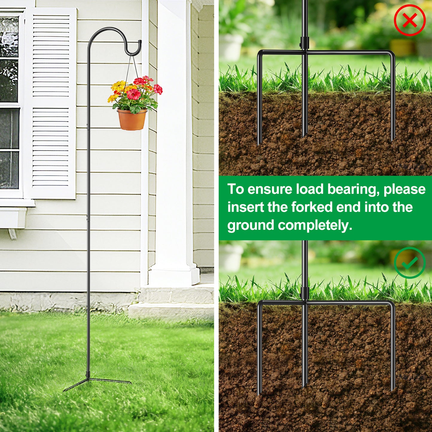 GOFORWILD Shepherd’s Hooks 6 Pack Black, 65 inches Tall, Adjustable Garden Hook for Outdoor, Hanging Plant, Solar Lights, Lanterns, Bird Feeders, Garden Stake and Wedding Decor, 7015-3