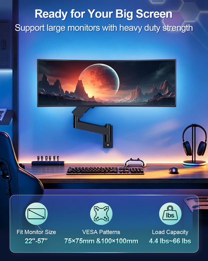 MOUNT PRO Wall Mount Monitor Arm for 22-57 Inch Ultrawide Screen, Black, Premium Heavy Duty Gaming Monitor Arm for Max 66 lbs, Easy Adjustment Fully Adjustable Wall Bracket 75x75/100x100 VESA Mount