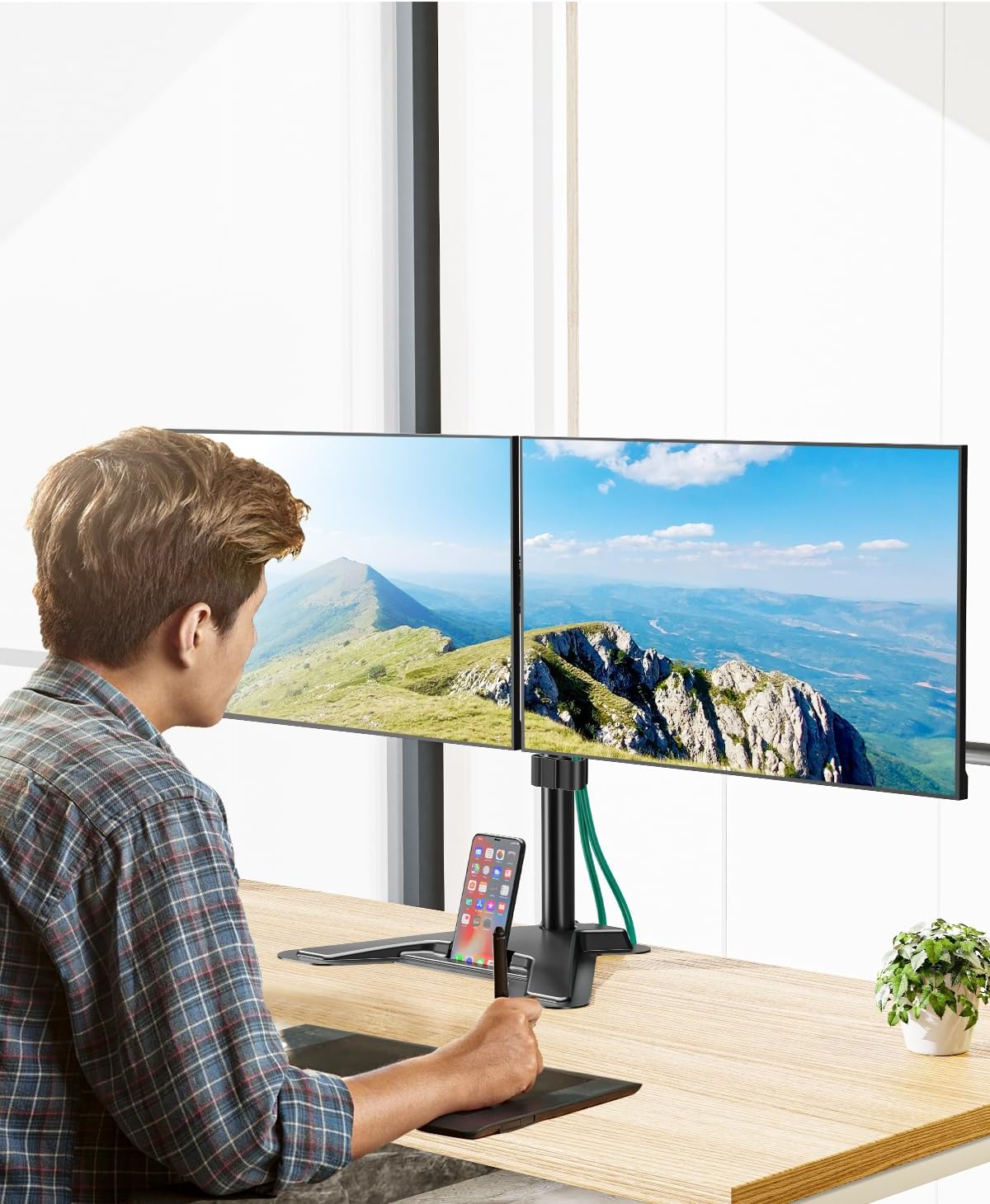 LIFTGO Dual Monitor Stand, Free-Standing Full Motion Monitor Desk Mount Fits 2 Screens up to 27 inches,17.6lbs with Height Adjustable, Swivel, Tilt, Rotation, VESA 75x75 100x100, Black