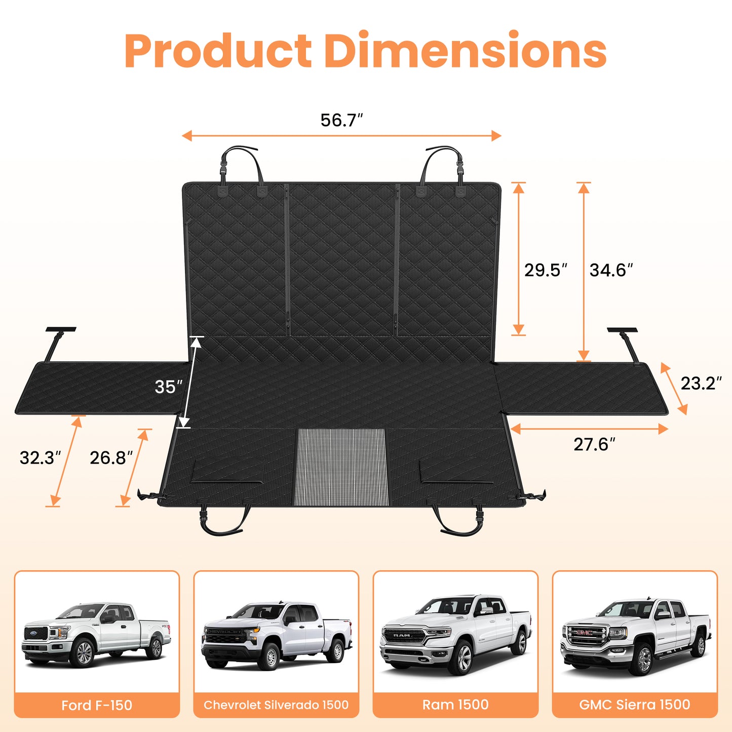 PETICON F150 Floor Cover for Crew Cab Trucks with Fold-Up & Split Seats | Waterproof & Scratch-Resistant 600D Oxford, Non-slip Base, Side Door Flaps, Split Zipper, Protects Interior, Machine Washable