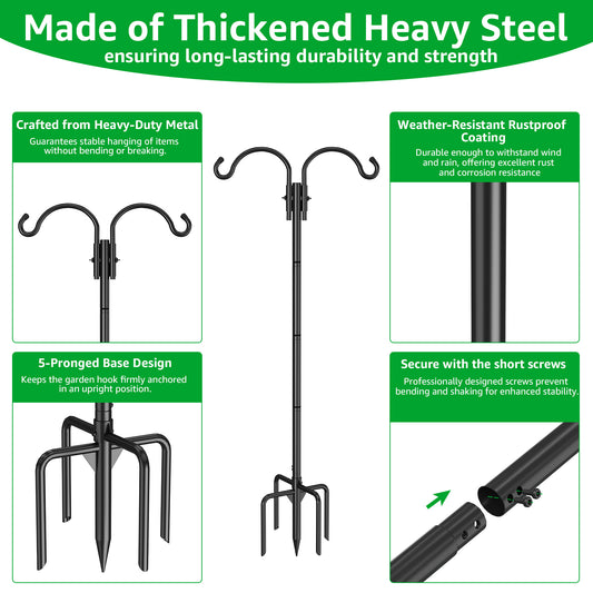 GOFORWILD Double Shepherds Hook for Outdoor, with 5-Prong Base, 76inch Adjustable Metal Bird Feeder Pole for Hanging Bird Nest, Plant Basket,Lantern,Solar Light 2 Pack