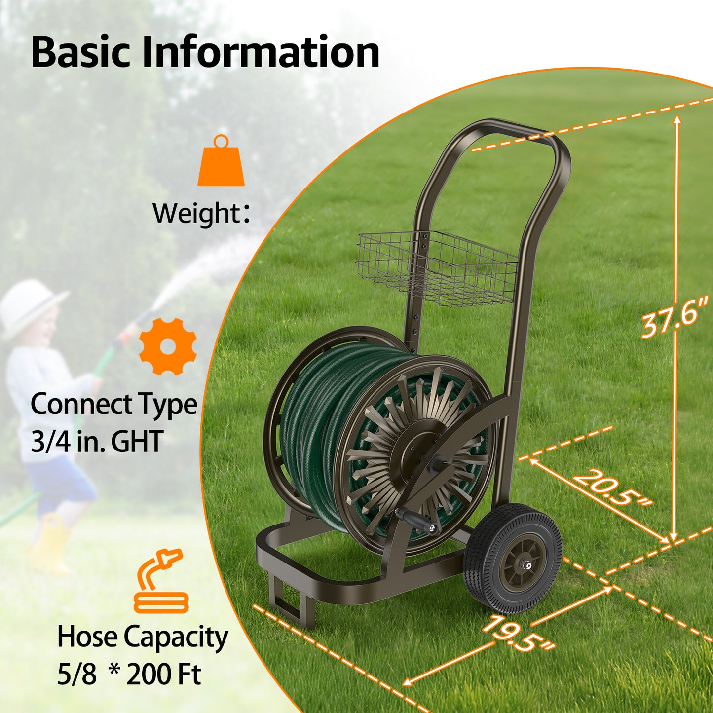 GOFORWILD Heavy Duty Steel Garden Hose Reel Cart with Wheels - Holds 200ft of 5/ Hose, Storage Basket & Anti-Tip Design - Mobile Water Reel for Lawn, Yard, Garden