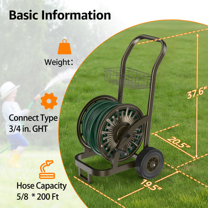GOFORWILD Heavy Duty Steel Garden Hose Reel Cart with Wheels - Holds 200ft of 5/ Hose, Storage Basket & Anti-Tip Design - Mobile Water Reel for Lawn, Yard, Garden