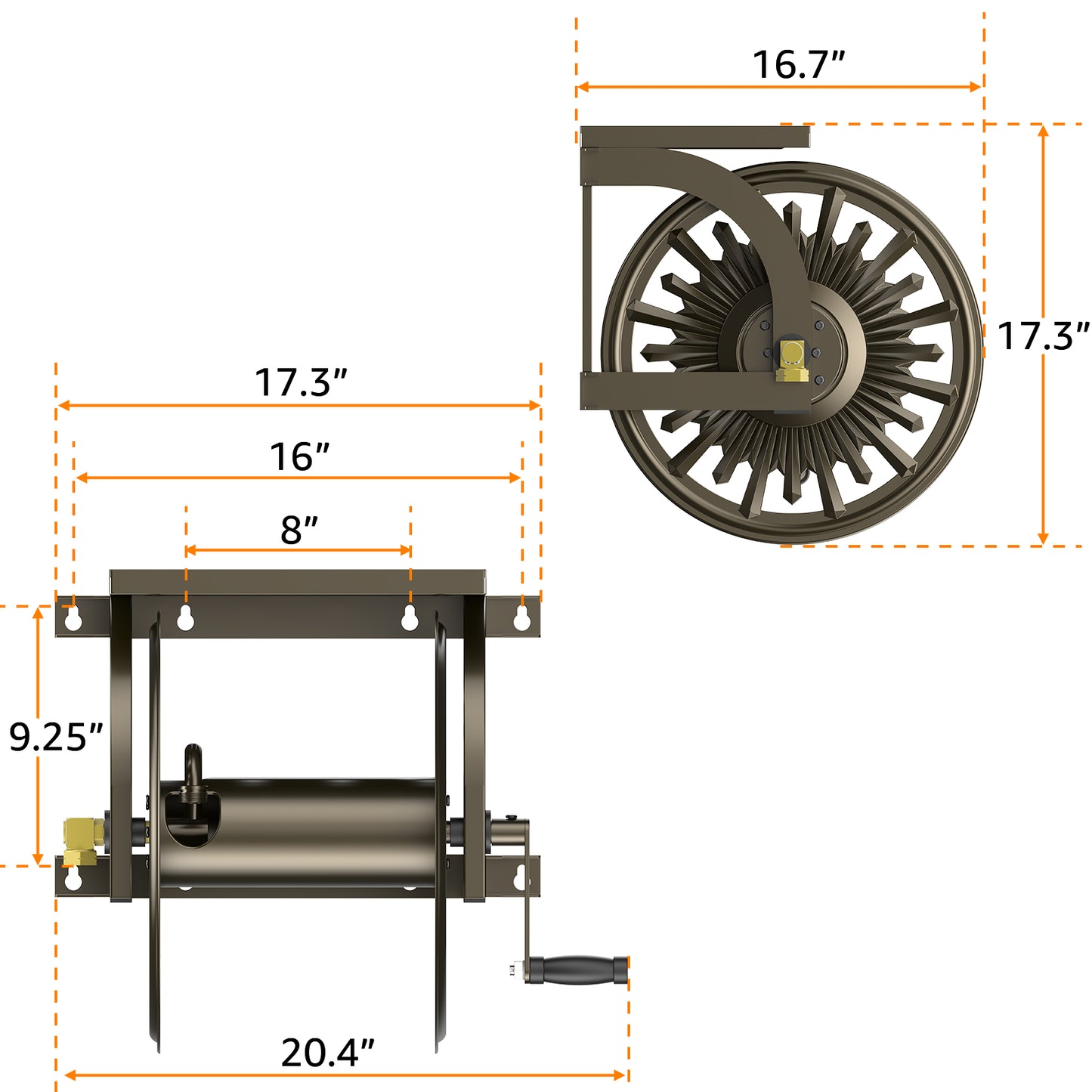 GOFORWILD Metal Decorative Wall Mount Hose Reel - Heavy Duty, Leak-Proof Connection, Holds 200ft x 5/8 Hose, Bronze Finish, Easy Assembly