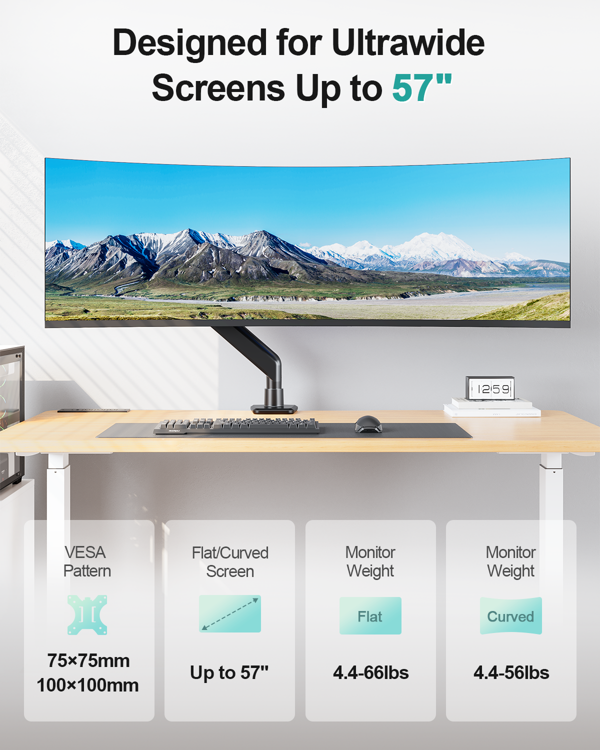 MOUNT PRO Heavy Duty Monitor Arm for Screens up to 57", Holds up to 66 lbs, Aluminum Ultrawide Monitor Mount, Fully Adjustable Single Gaming Desk Mount with C-Clamp & Grommet Base, Max VESA 100x100mm
