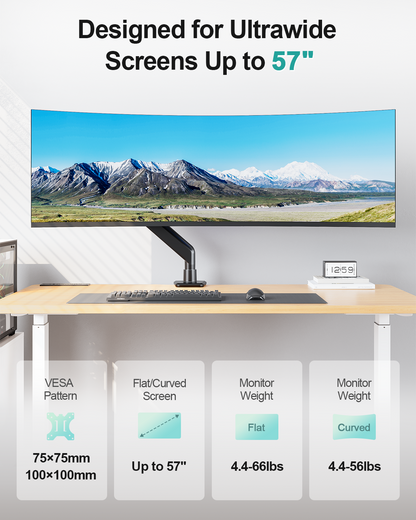 MOUNT PRO Heavy Duty Monitor Arm for Screens up to 57", Holds up to 66 lbs, Aluminum Ultrawide Monitor Mount, Fully Adjustable Single Gaming Desk Mount with C-Clamp & Grommet Base, Max VESA 100x100mm