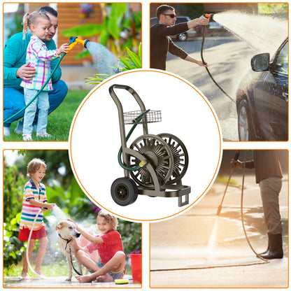 GOFORWILD Heavy Duty Steel Garden Hose Reel Cart with Wheels - Holds 200ft of 5/ Hose, Storage Basket & Anti-Tip Design - Mobile Water Reel for Lawn, Yard, Garden