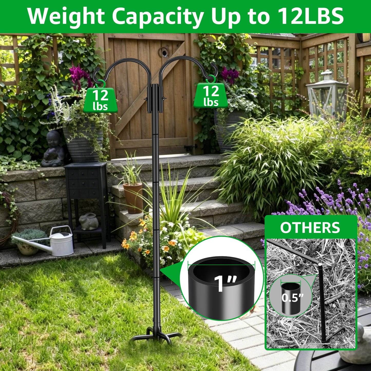 GOFORWILD Double Shepherds Hook for Outdoor, with 5-Prong Base, 84inch Adjustable Metal Bird Feeder Pole for Hanging Bird Nest, Plant Basket,Lantern,Solar Light 2 Pack