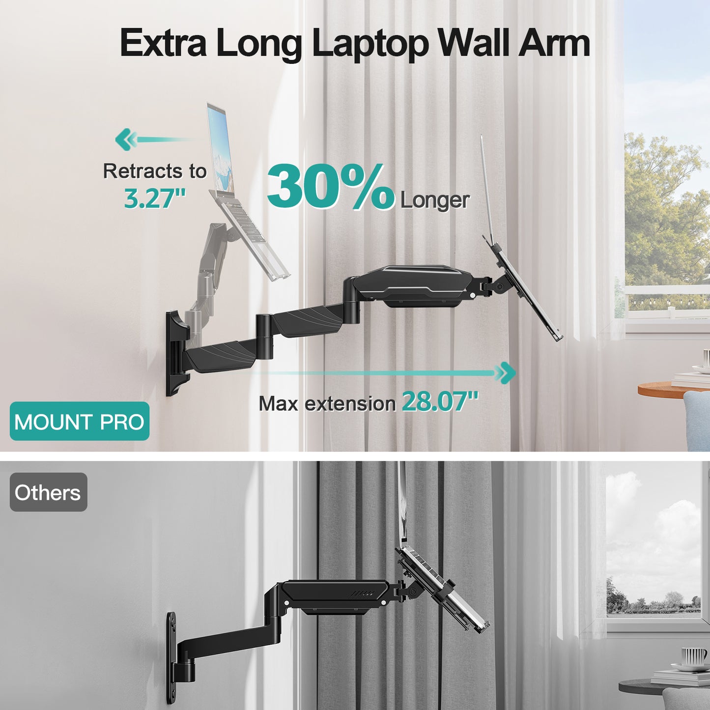 MOUNT PRO Long Laptop Wall Mount, 28" Extended Wall Mount Laptop Holder, 2-in-1 Monitor Wall Mount with Vented Tray for 11-17" Notebook/21-32" Screen, Full Motion Laptop Arm Holds 4.4-19.8 lbs